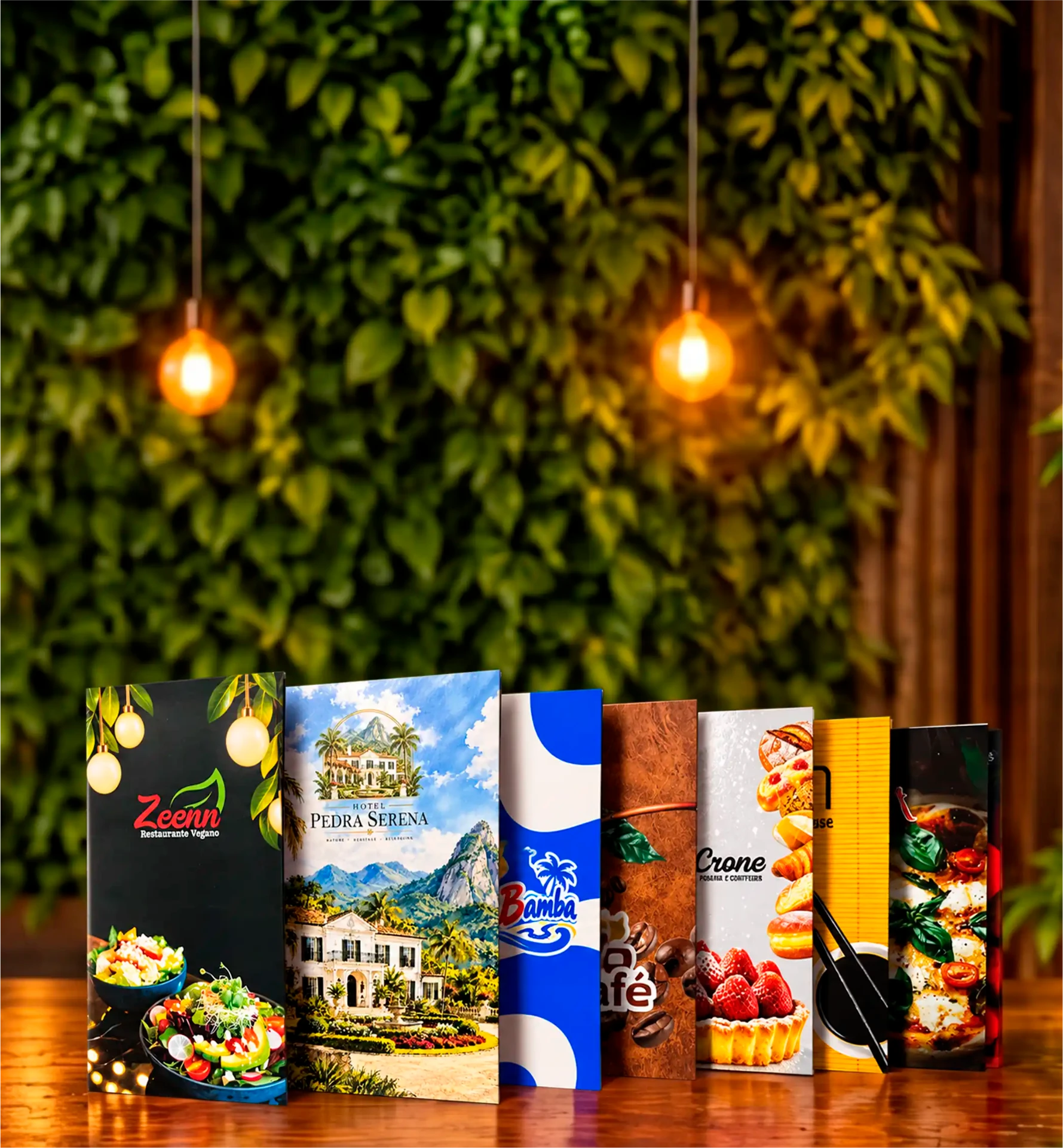 Cardápios personalizados em pé sobre mesa de madeira em ambiente com luzes quentes e parede verde