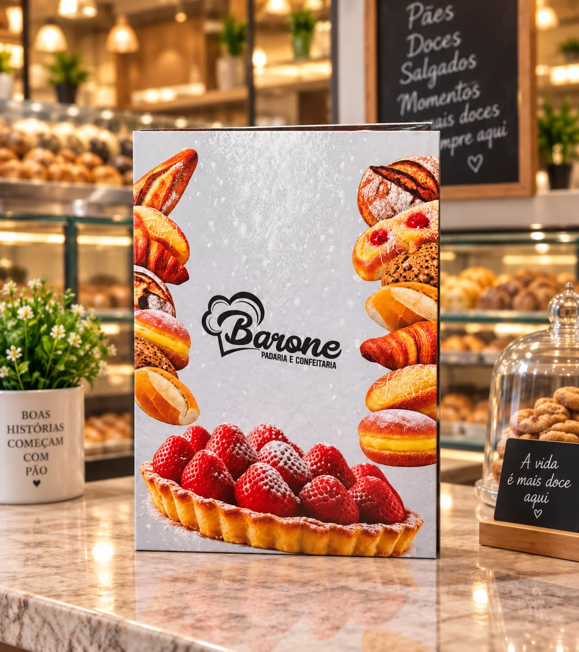 Cardápio premium Barone Padaria e Confeitaria em couro sintético