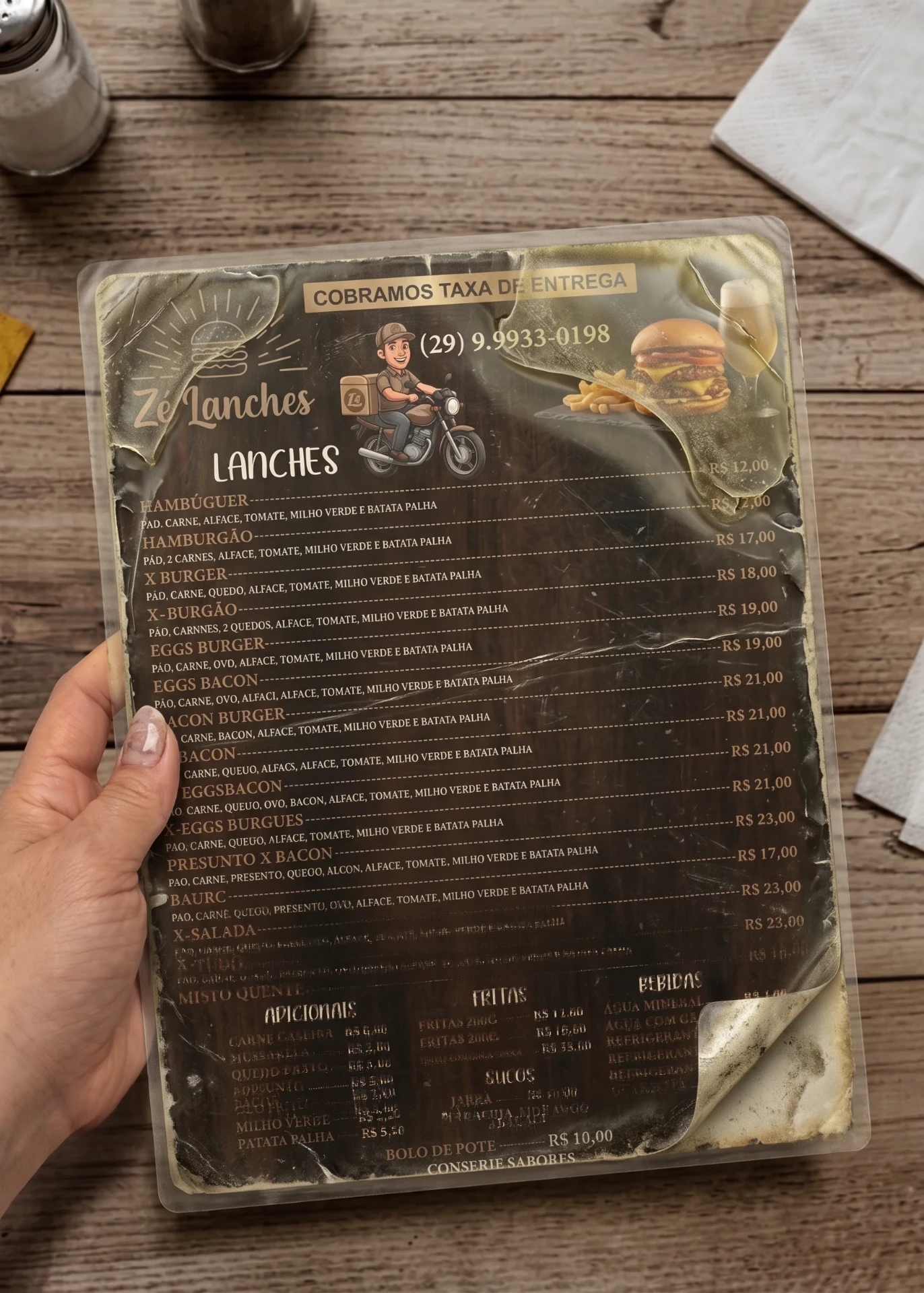 Cardápio simples e plastificado da lanchonete Zé Lanches